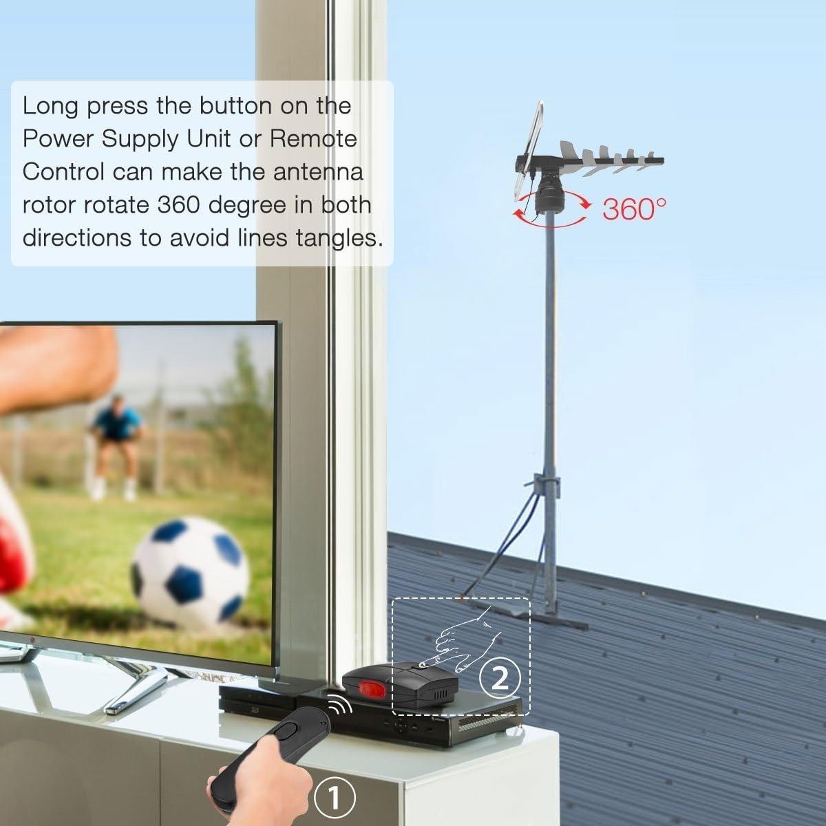 1byone Outdoor HD TV Antenna 85 Mile Range 360 Degree Rotating 49.2ft - Black by 1byone - Image 3