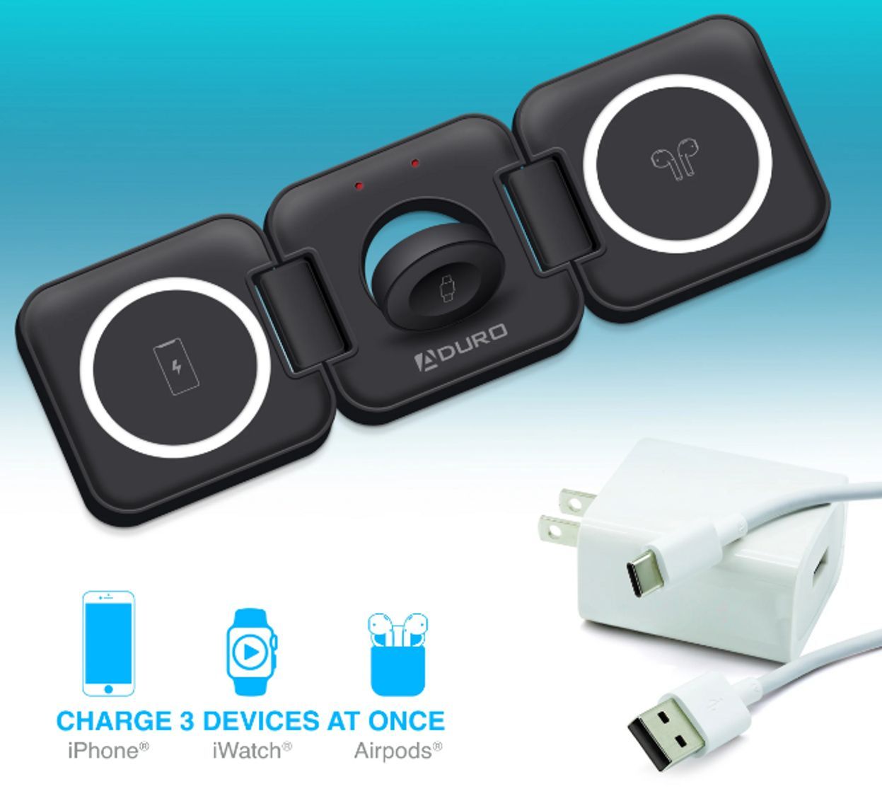 Aduro PowerUp Trinity 3-IN-1 Wireless Charging for Apple product - Black by Aduro - Refurbished - Very Good condition - Image 2
