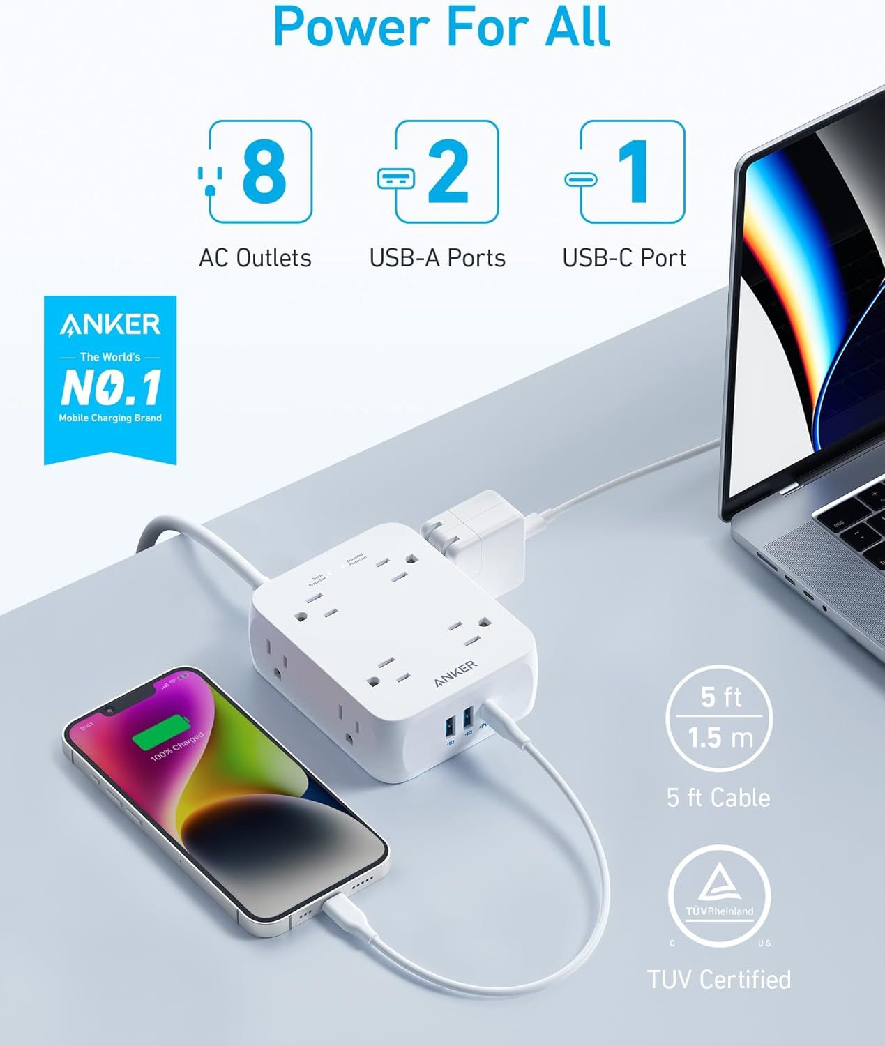 Anker 341 USB Power Strip 5ft | A9183 - White - Very Good by Anker - Refurbished - Very Good condition - Image 2