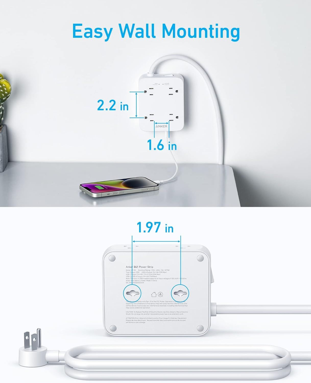Anker 341 USB Power Strip 5ft | A9183 - White - Very Good by Anker - Refurbished - Very Good condition - Image 4