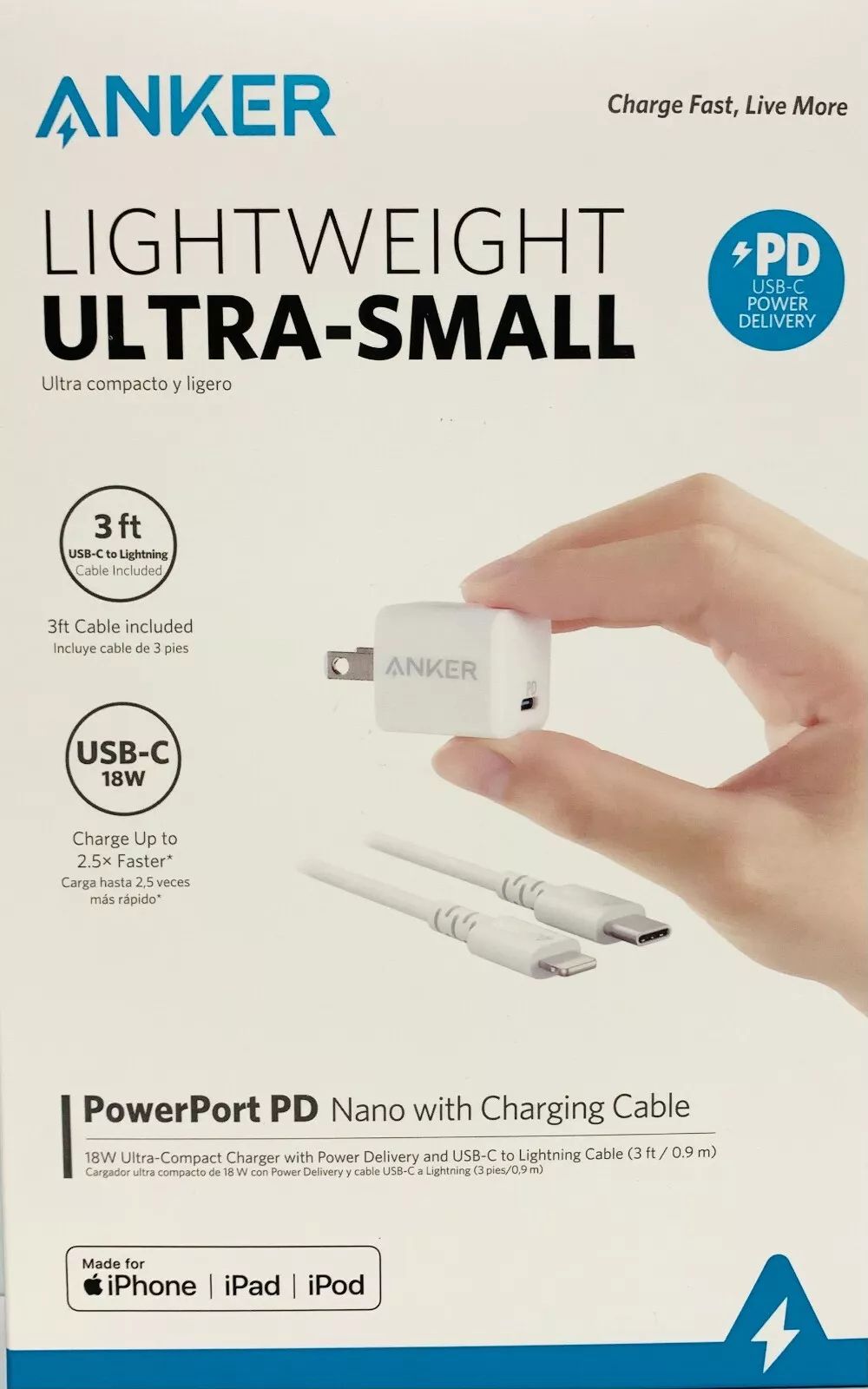 Anker Lightweight Ultra-Small 18W USB-C PowerPort PD Nano Charging Cable - White by Anker - Refurbished - Brand New condition - US$20.94