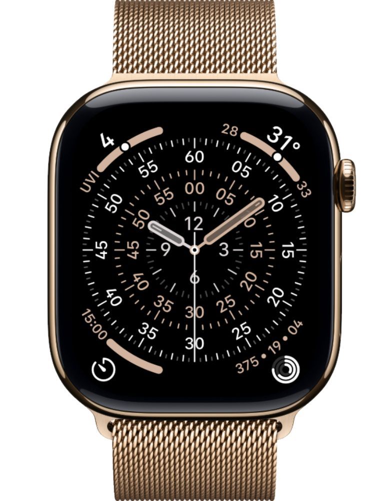 Apple Watch Series 11 (Cellular + GPS) - 64GB - 46mm - Gold Titanium Case with Gold Stainless Steel Milanese Loop Band - M/L Size by Apple - Refurbished - Premium condition - US$536.94