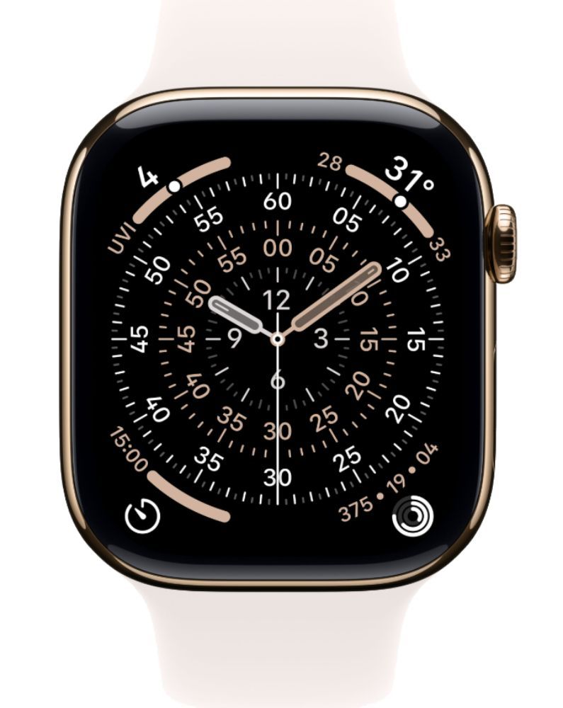 Apple Watch Series 11 (Cellular + GPS) - 64GB - 42mm - Gold Titanium Case with Light Blush Silicone Sport Band - M/L Size by Apple - Refurbished - Like New condition - US$631.98