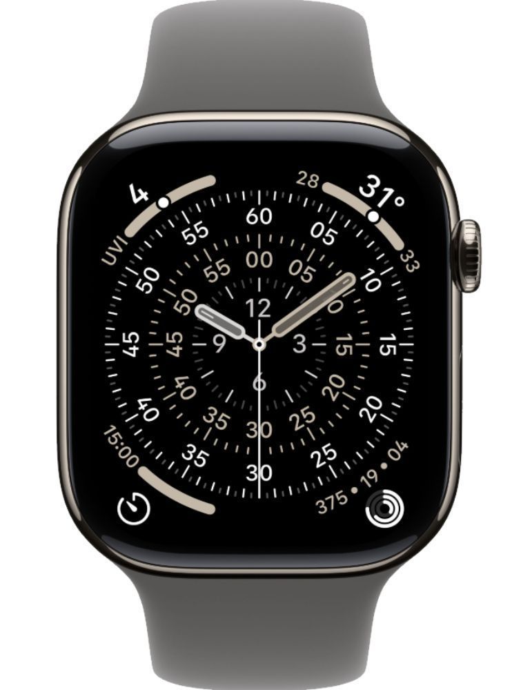 Apple Watch Series 11 (Cellular + GPS) - 64GB - 46mm - Natural Titanium Case with Stone Grey Silicone Sport Band - M/L Size by Apple - Refurbished - Premium condition - US$526.94