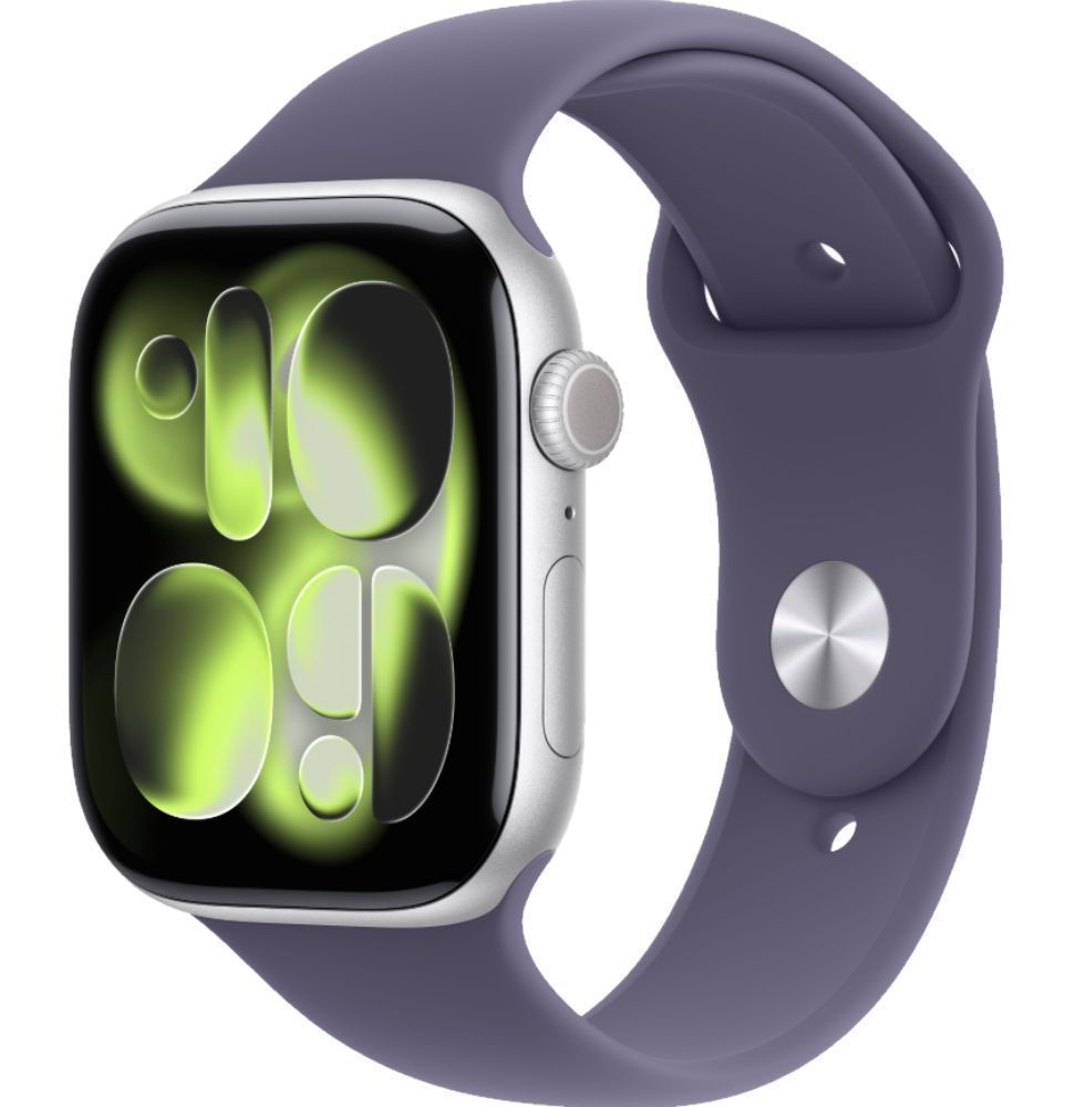 Apple Watch Series 11 (Cellular + GPS) - 64GB - 46mm - Silver Aluminum Case with Purple Fog Silicone Sport Band - M/L Size by Apple - Refurbished - Very Good condition - Image 2