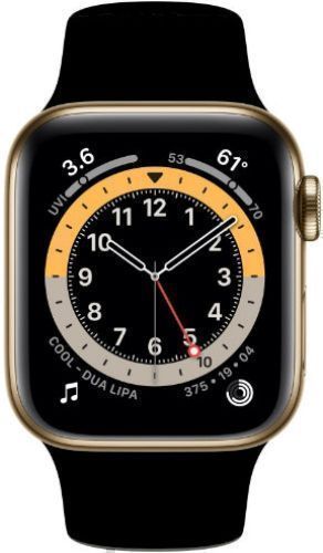 Apple Watch Series 6 (GPS) - 32GB - 44mm - Gold Aluminum Case with Black Rubber Sport Band by Apple - Refurbished - Very Good condition - US$111.98