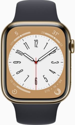 Apple Watch Series 8 (Cellular + GPS) - 32GB - 41mm - Gold Stainless Steel Case with Midnight Rubber Sport Band by Apple - Refurbished - Very Good condition - US$225.49