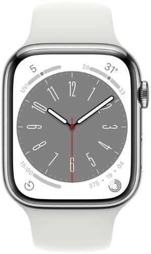 Apple Watch Series 8 (Cellular + GPS) - 32GB - 45mm - Silver Stainless Steel Case with White Rubber Sport Band by Apple - Refurbished - Very Good condition - US$175.48