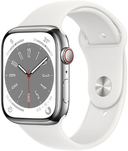 Apple Watch Series 8 (Cellular + GPS) - 32GB - 45mm - Silver Stainless Steel Case with White Rubber Sport Band by Apple - Image 2