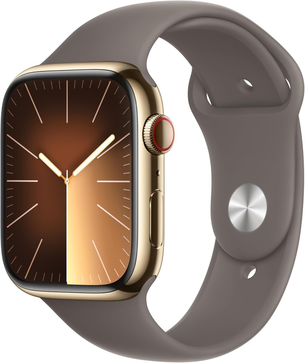 Apple Watch Series 9 (Cellular + GPS) - 64GB - 45mm - Gold Stainless Steel Case with Clay Rubber Sport Band - Small/Medium Size by Apple - Refurbished - Good condition - US$293.94
