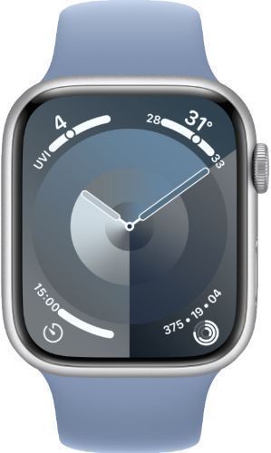 Apple Watch Series 9 (Cellular + GPS) - 64GB - 45mm - Silver Aluminum Case with Winter Blue Rubber Sport Band - Medium/Large Size by Apple - Refurbished - Good condition - US$233.48