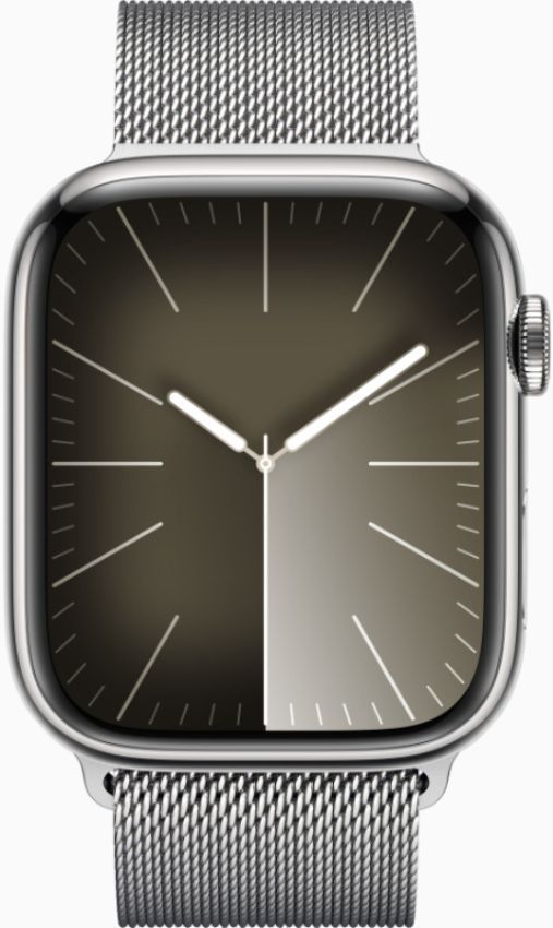 Apple Watch Series 9 (Cellular + GPS) - 64GB - 45mm - Silver Stainless Steel Case with Silver Stainless Steel Milanese Loop Band - One Size by Apple - Refurbished - Good condition - US$198.44