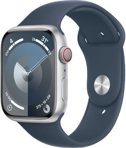 Apple Watch Series 9 (Cellular + GPS) - 64GB - 41mm - Silver Stainless Steel Case with Storm Blue Rubber Sport Band - Small/Medium Size by Apple - Refurbished - Good condition - US$243.44
