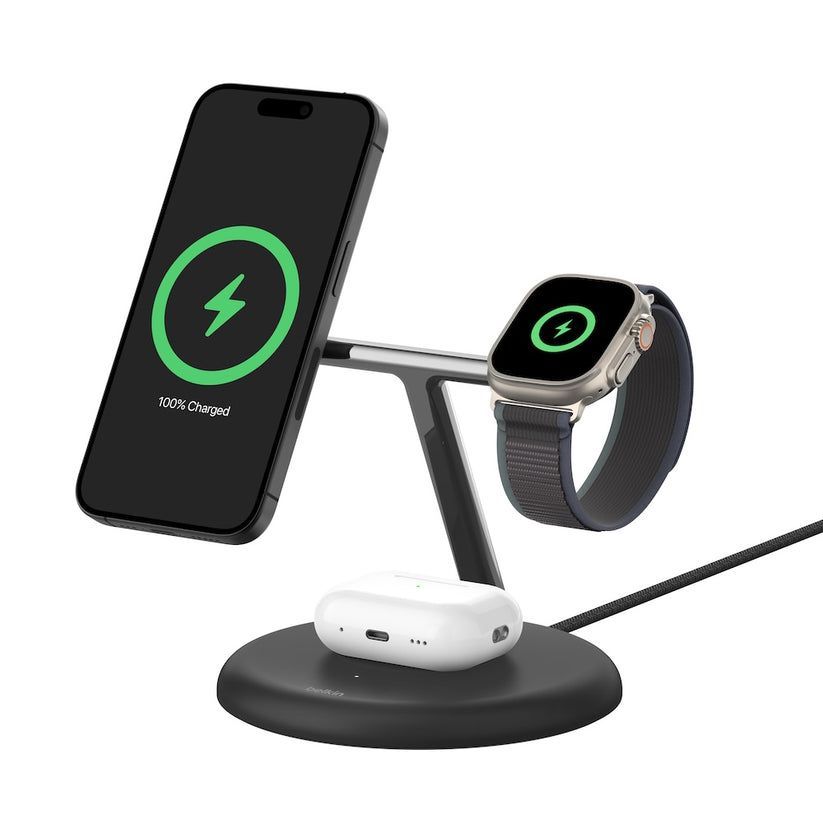 Belkin BoostCharge Pro 3-in-1 Magnetic 15W Charging Stand - Black by Belkin - Refurbished - Very Good condition - US$86.49