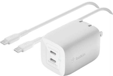 Belkin BoostCharge Pro Dual USB-C GaN Wall Charger with PPS 65W + USB-C to USB-C Cable - White by Belkin - Refurbished - Very Good condition - US$61.48