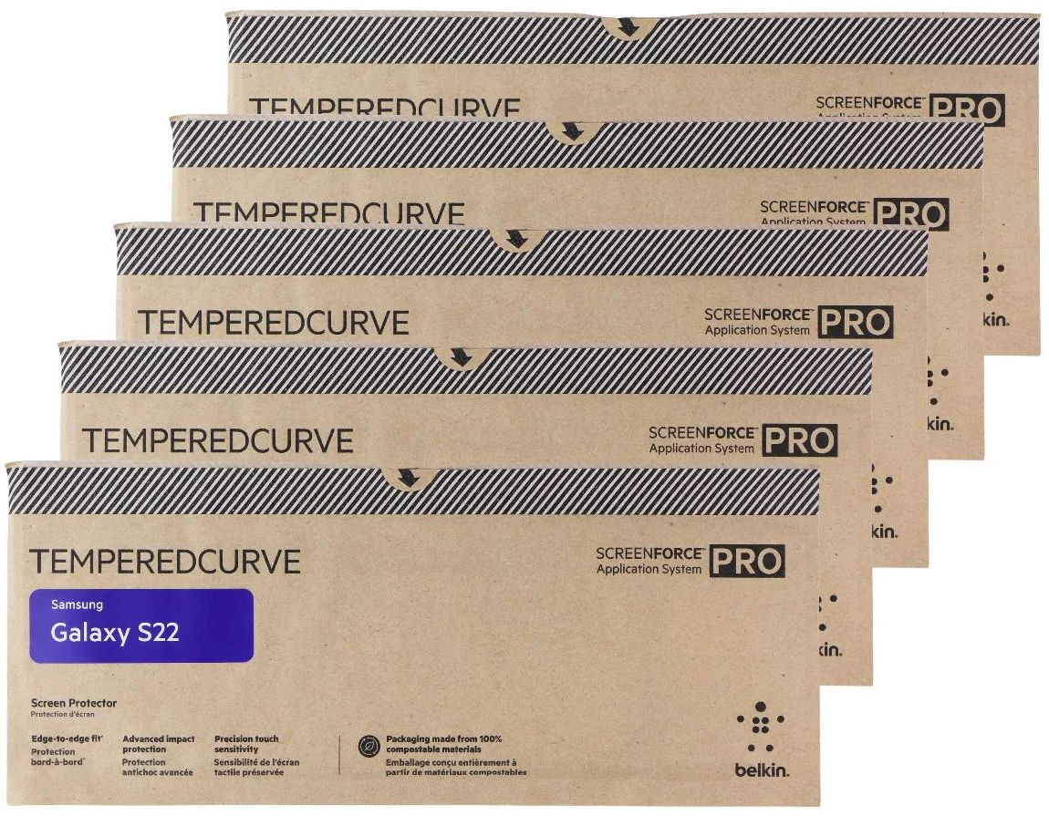 Belkin ScreenForce Pro TemperedCurve Screen Protector for Galaxy S22 (5-Pack) - Clear by Belkin - Refurbished - Brand New condition - US$11.43
