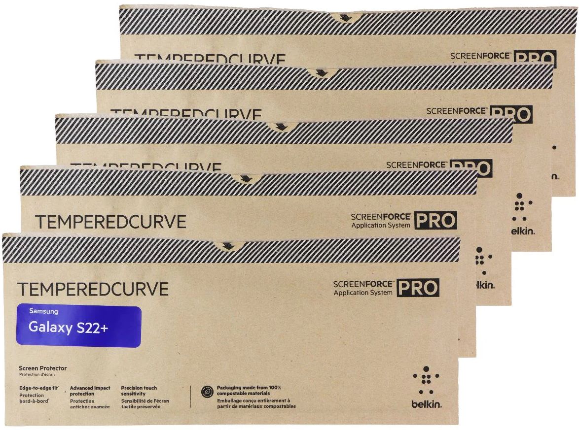 Belkin ScreenForce Pro TemperedCurve Screen Protector for Galaxy S22+ (5-Pack) - Clear by Belkin - Refurbished - Brand New condition - US$8.78