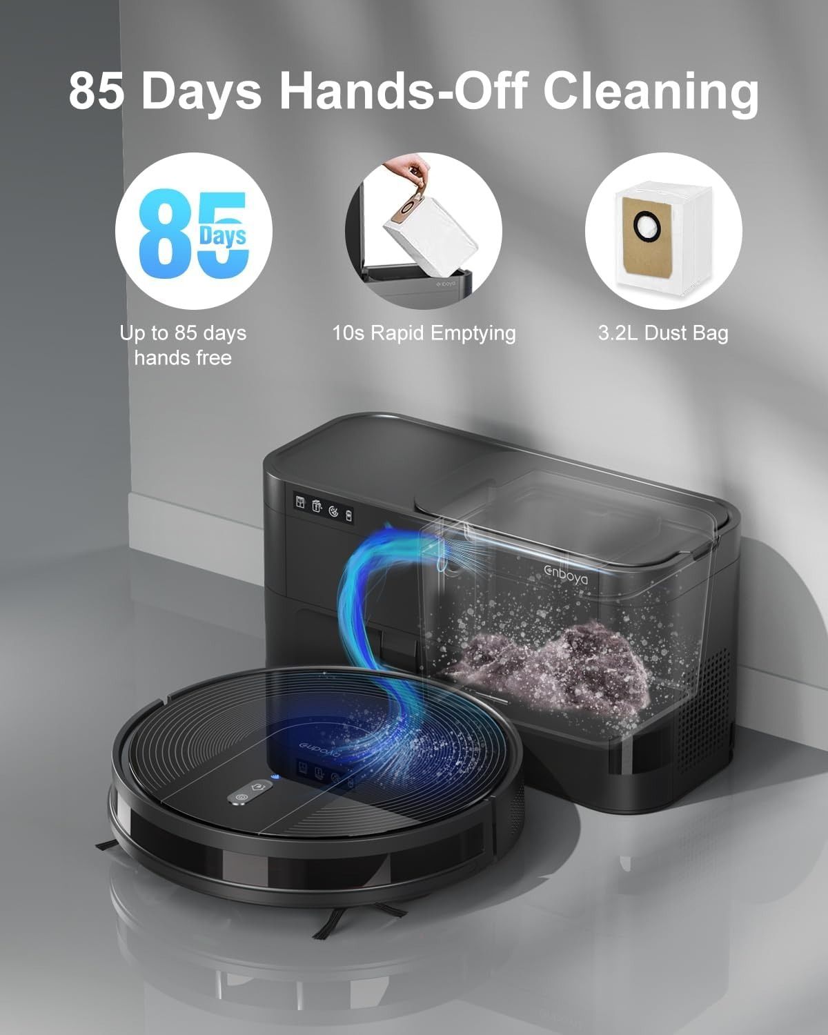 Enboya D60+ Robot Vacuum Cleaner with Self-Empty Base 9000Pa - Black by Enboya - Refurbished - Very Good condition - Image 2