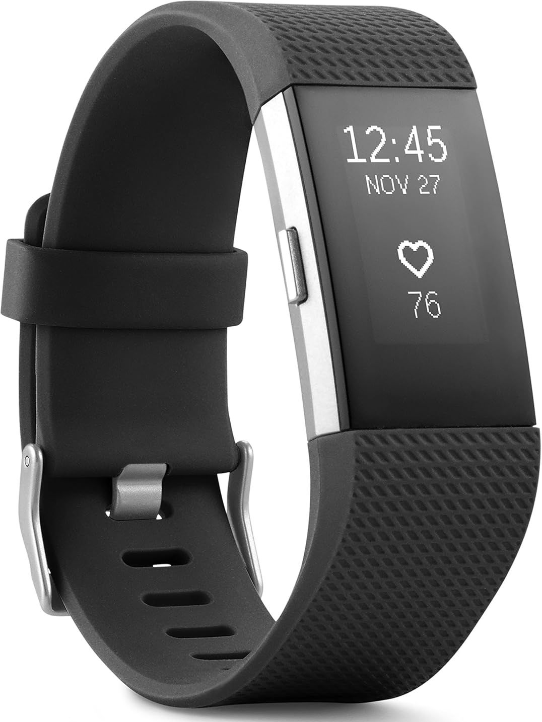 Fitbit Charge 2 Fitness Wristband - 22.6mm - Silver Stainless Steel Case with Black Elastomer Elastomer - Large Size by Fitbit - Refurbished - Premium condition - US$90.48