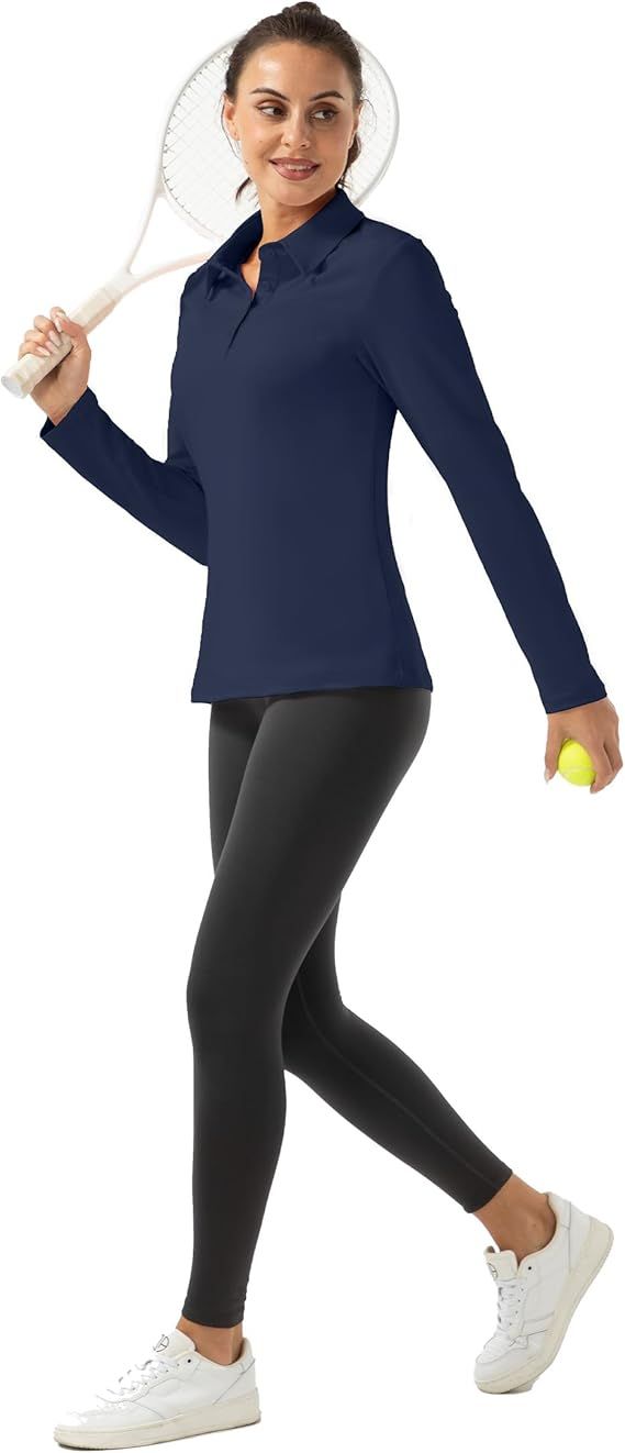 FKEEP Women Long Sleeve Polo Shirt Golf Sport Athletic Top - L - Dark Blue by FKEEP - Image 2