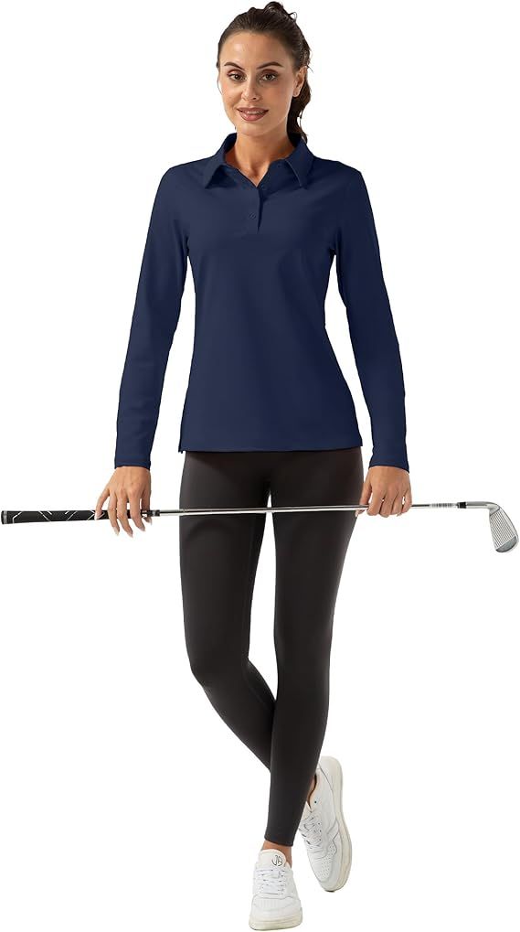 FKEEP Women Long Sleeve Polo Shirt Golf Sport Athletic Top - L - Dark Blue by FKEEP - Image 3