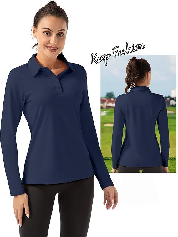 FKEEP Women Long Sleeve Polo Shirt Golf Sport Athletic Top - L - Dark Blue by FKEEP - Image 4