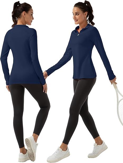 FKEEP Women's Long Sleeve Polo Shirt Golf Tennis Zipper V Neck Top - XL - Navy by FKEEP - Image 3