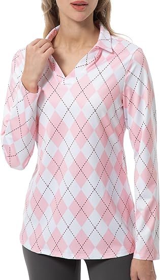 FKEEP Women's Tennis Golf Shirt Long-Sleeved V-Neck Top Sport Activewear - L - Pink Checkerboard by FKEEP - Refurbished - Very Good condition - US$29.48