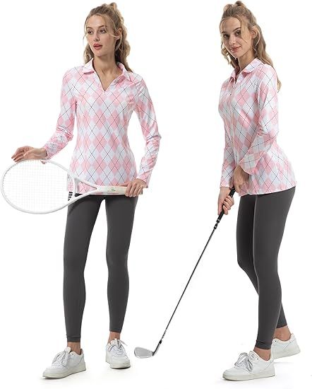 FKEEP Women's Tennis Golf Shirt Long-Sleeved V-Neck Top Sport Activewear - L - Pink Checkerboard by FKEEP - Image 2