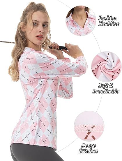 FKEEP Women's Tennis Golf Shirt Long-Sleeved V-Neck Top Sport Activewear - L - Pink Checkerboard by FKEEP - Image 3