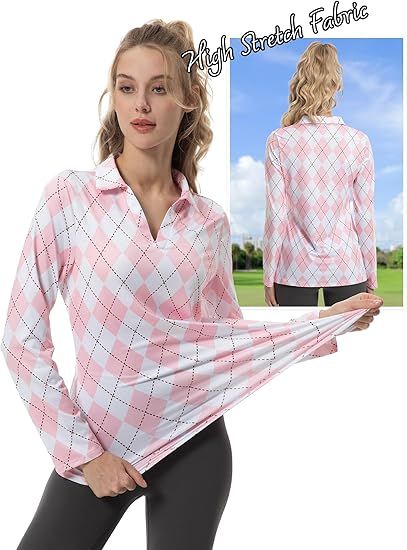 FKEEP Women's Tennis Golf Shirt Long-Sleeved V-Neck Top Sport Activewear - L - Pink Checkerboard by FKEEP - Image 4