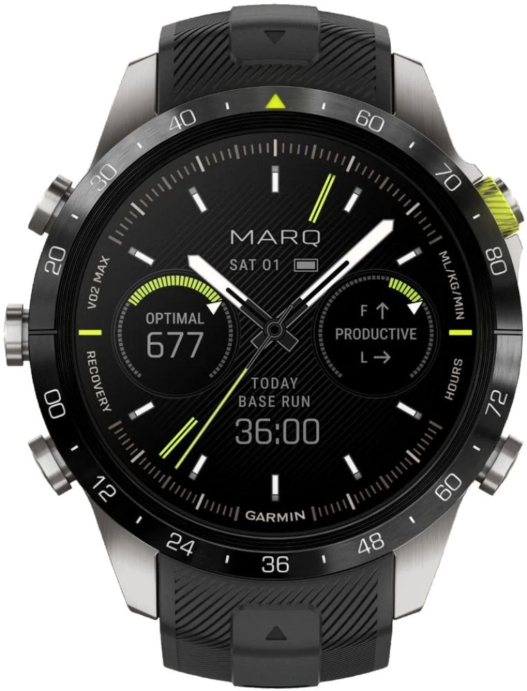 Garmin MARQ Athlete (Gen 2) GPS Golf Smartwatch - 32GB - 30.4mm - Titanium Titanium Case with Black Silicone Silicone Strap by Garmin - Refurbished - Excellent condition - CA$2608.99