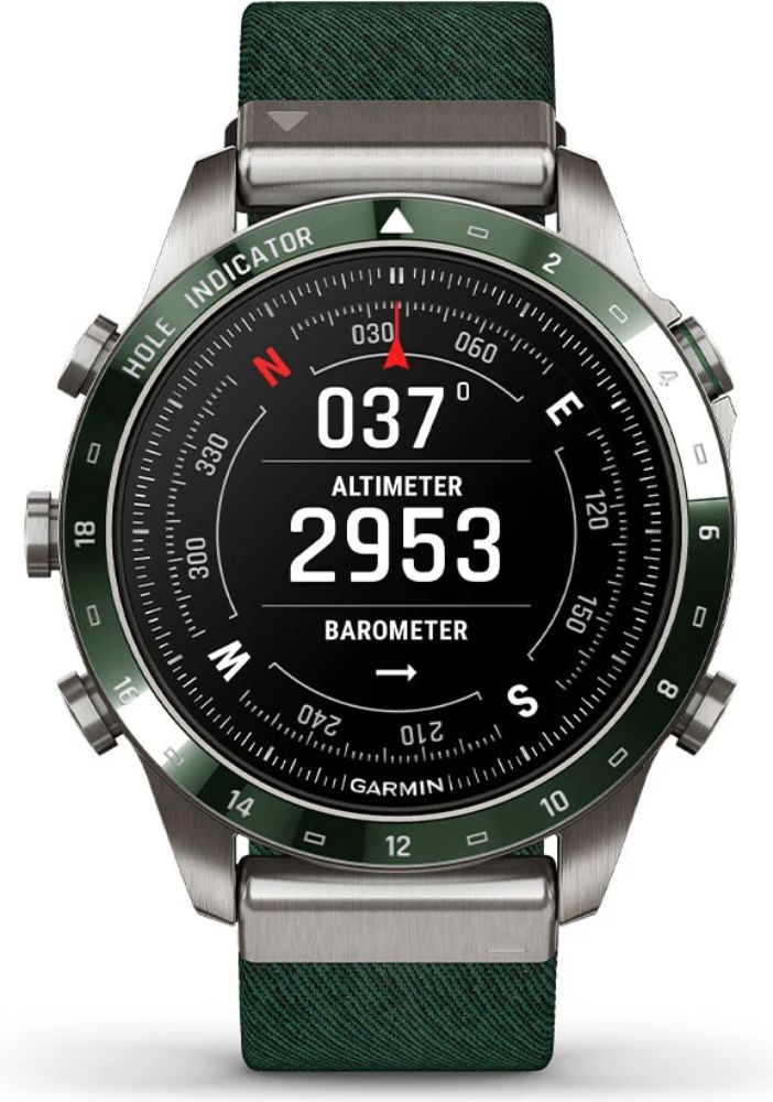Garmin MARQ Golfer (Gen 2) GPS Golf Smartwatch - 32GB - 30.4mm - Titanium Titanium Case with Dark Green Nylon Nylon Strap by Garmin - Refurbished - Excellent condition - CA$3108.99