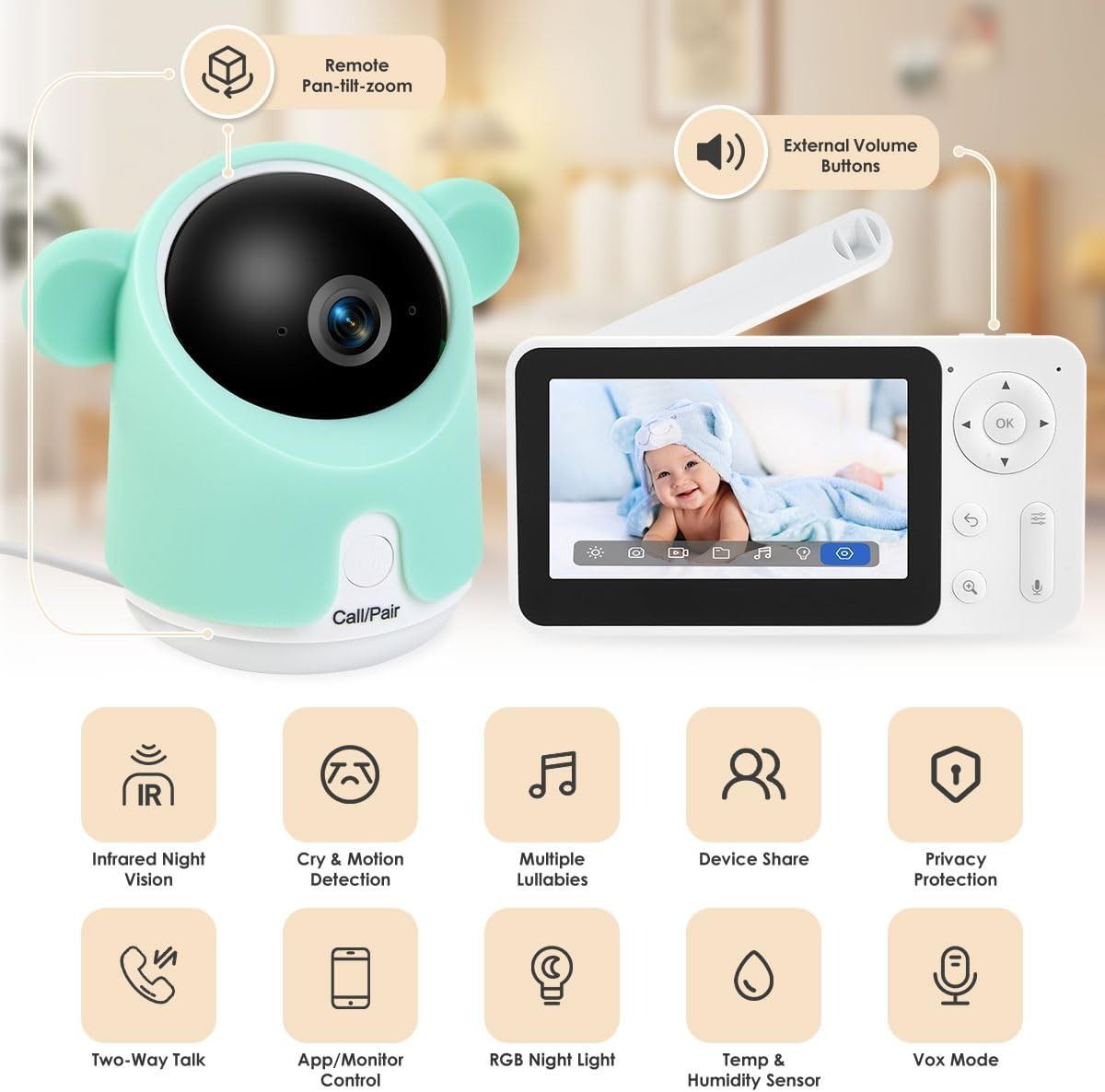 GMK Baby Monitor with Camera and Audio 1080P Baby Camera Monitor - White/Green by GMK - Image 2
