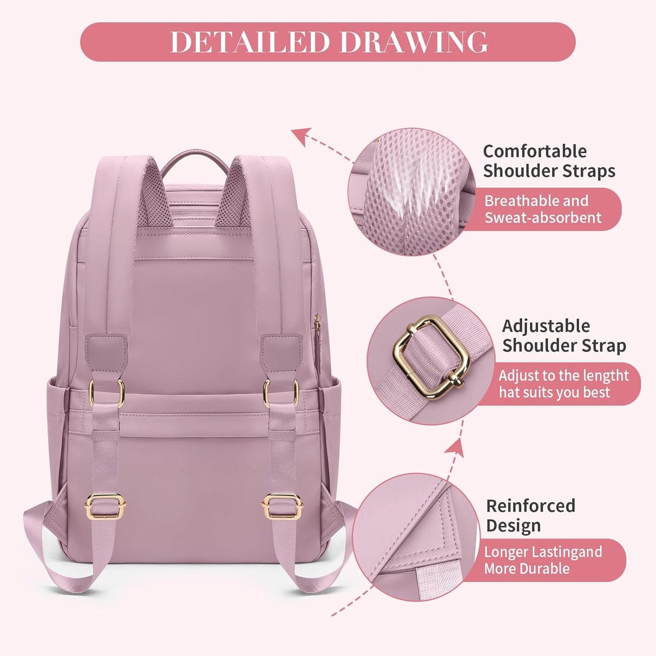 Golf Supags Laptop Backpack for Women Slim Computer Bag 15.6" - Pinkish Purple by Golf Supags - Image 3