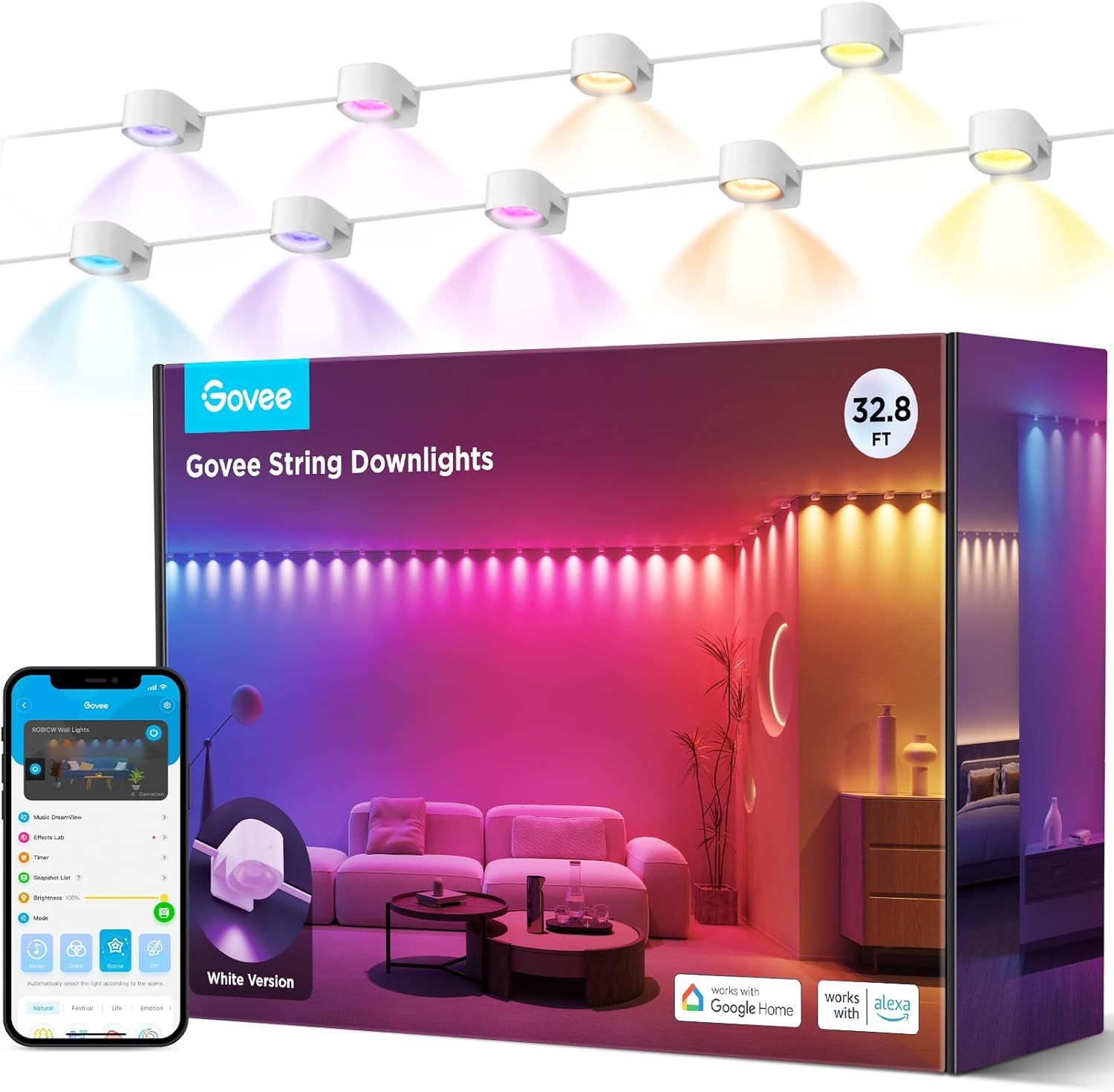 Govee RGBIC String Downlights Smart LED String Lights Works with Alexa (32.8ft) - White by Govee - Refurbished - Premium condition - CA$262.99