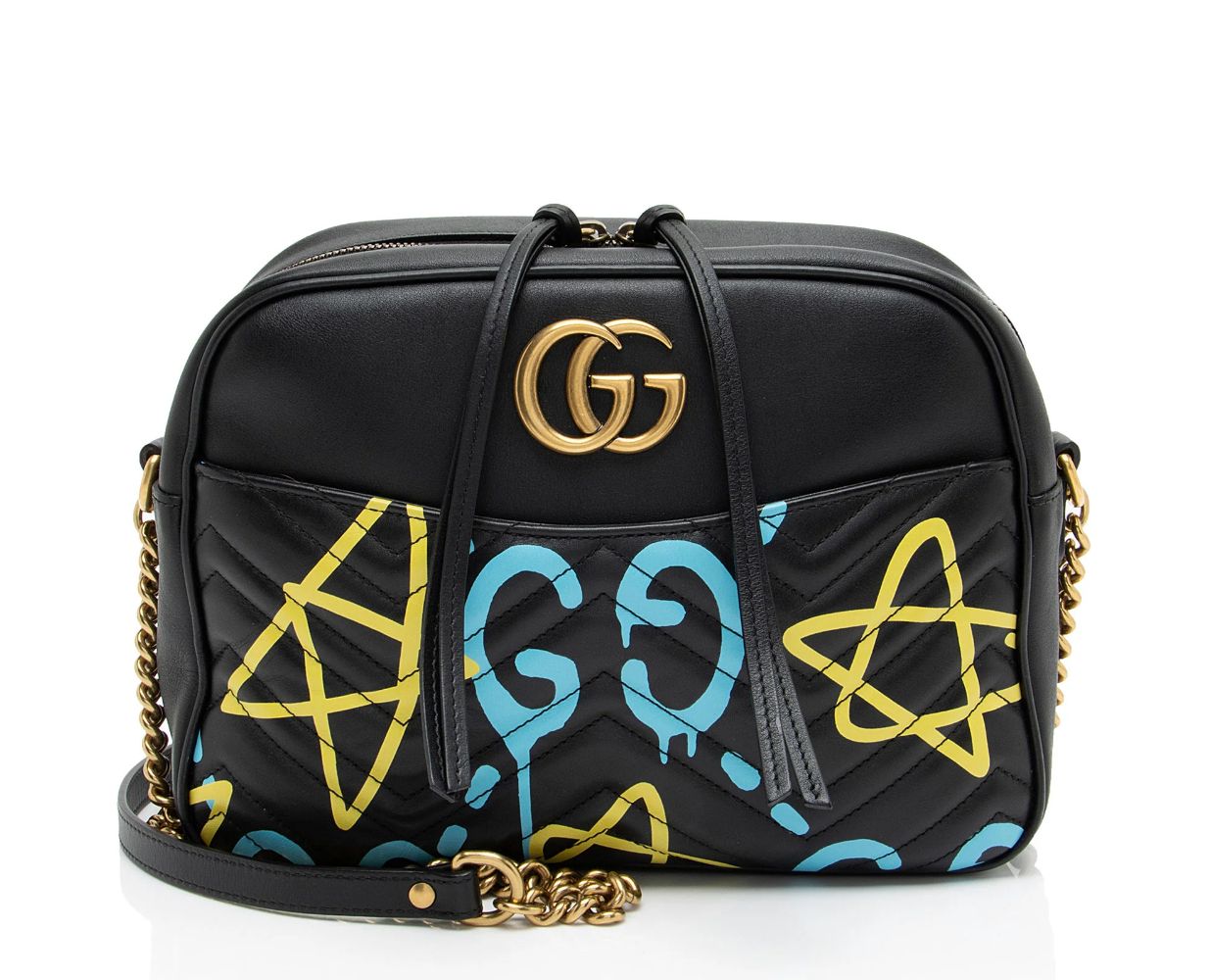 Gucci Matelasse Leather GG Marmont Ghost Medium Shoulder Bag - Leather - Black/Yellow/Blue by Gucci - Refurbished - Very Good condition - US$838.99