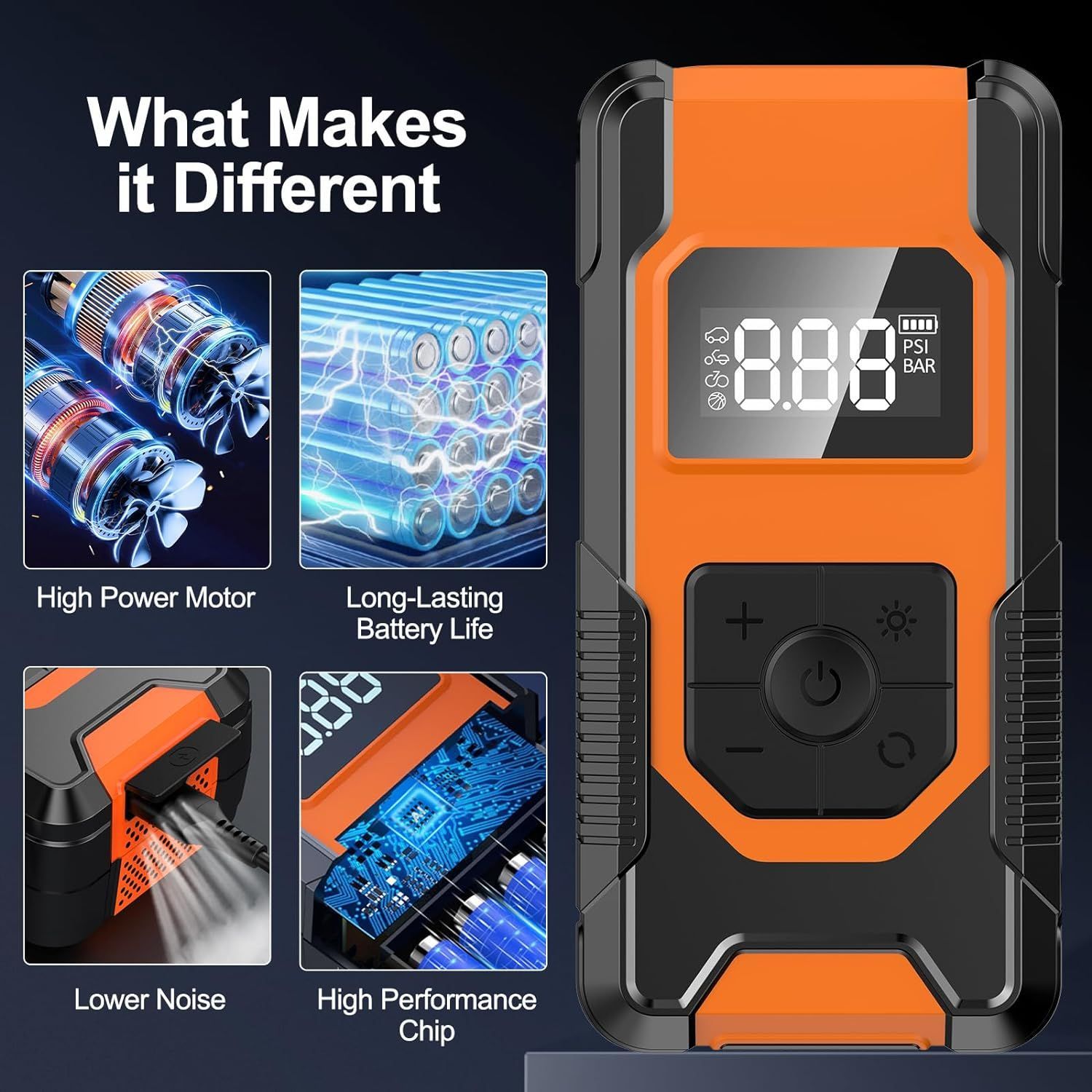 Hefoo Home Portable Tire Inflator Air Compressor 160PSI Cordless - Orange by Hefoo Home - Image 2