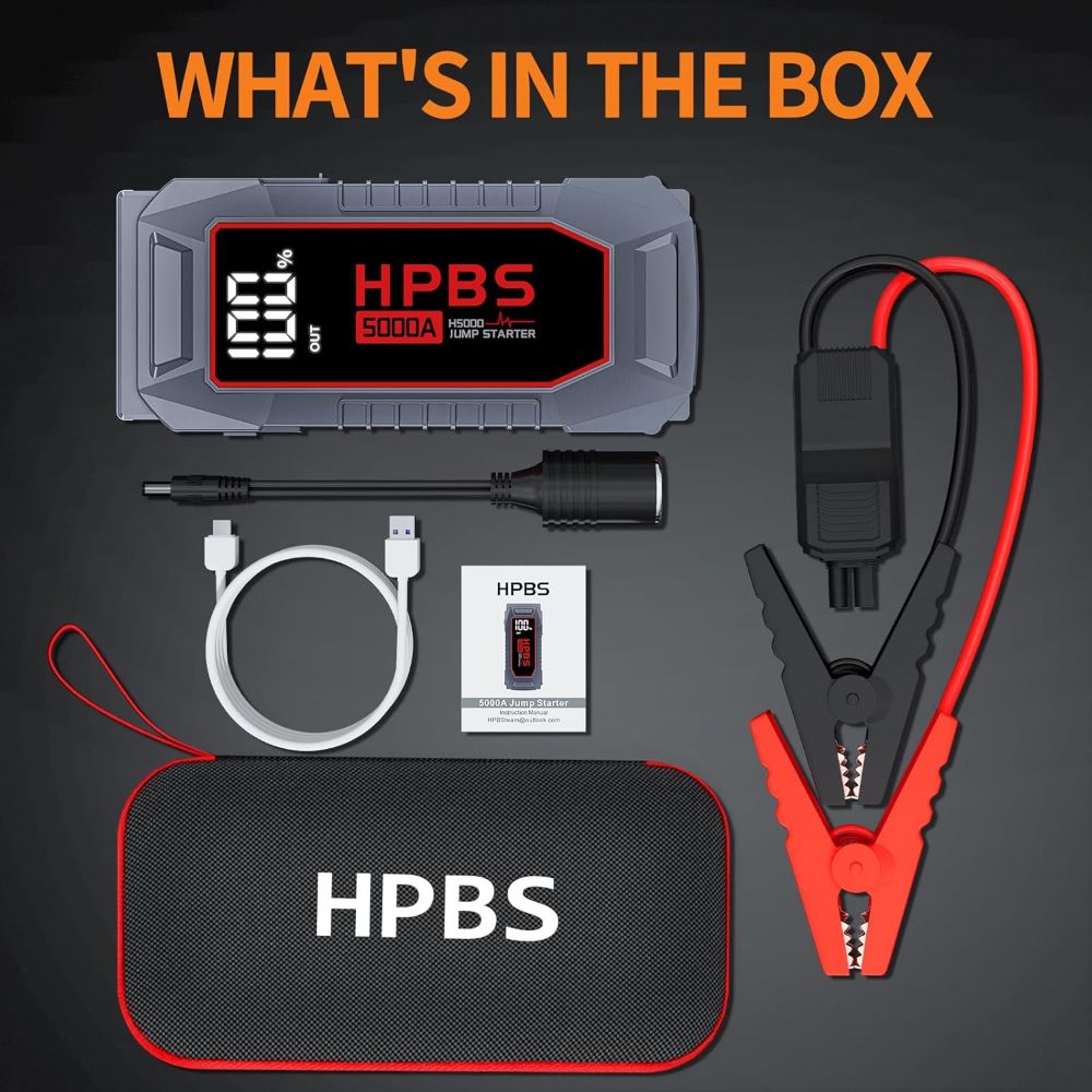 5000A Jump Starter Power Bank With Air Compressor, LED, Safety Hammer – 12V Li-Ion + Case