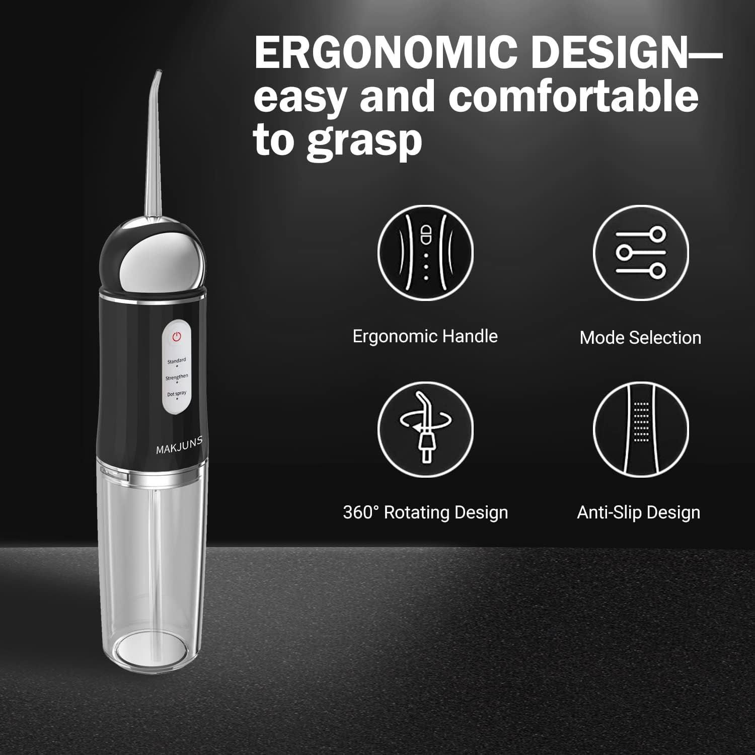 Makjuns Water Dental Flosser 3 Modes 4 Jets Rechargeable - Black by Makjuns - Image 3