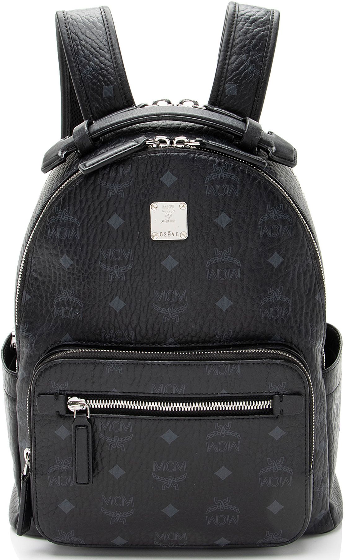 Authenticated MCM Black Double Pocket Nylon Canvas & Leather Backpack Vintage MCM Black Backpack With Golden Studded Logo Motifs  main image 2