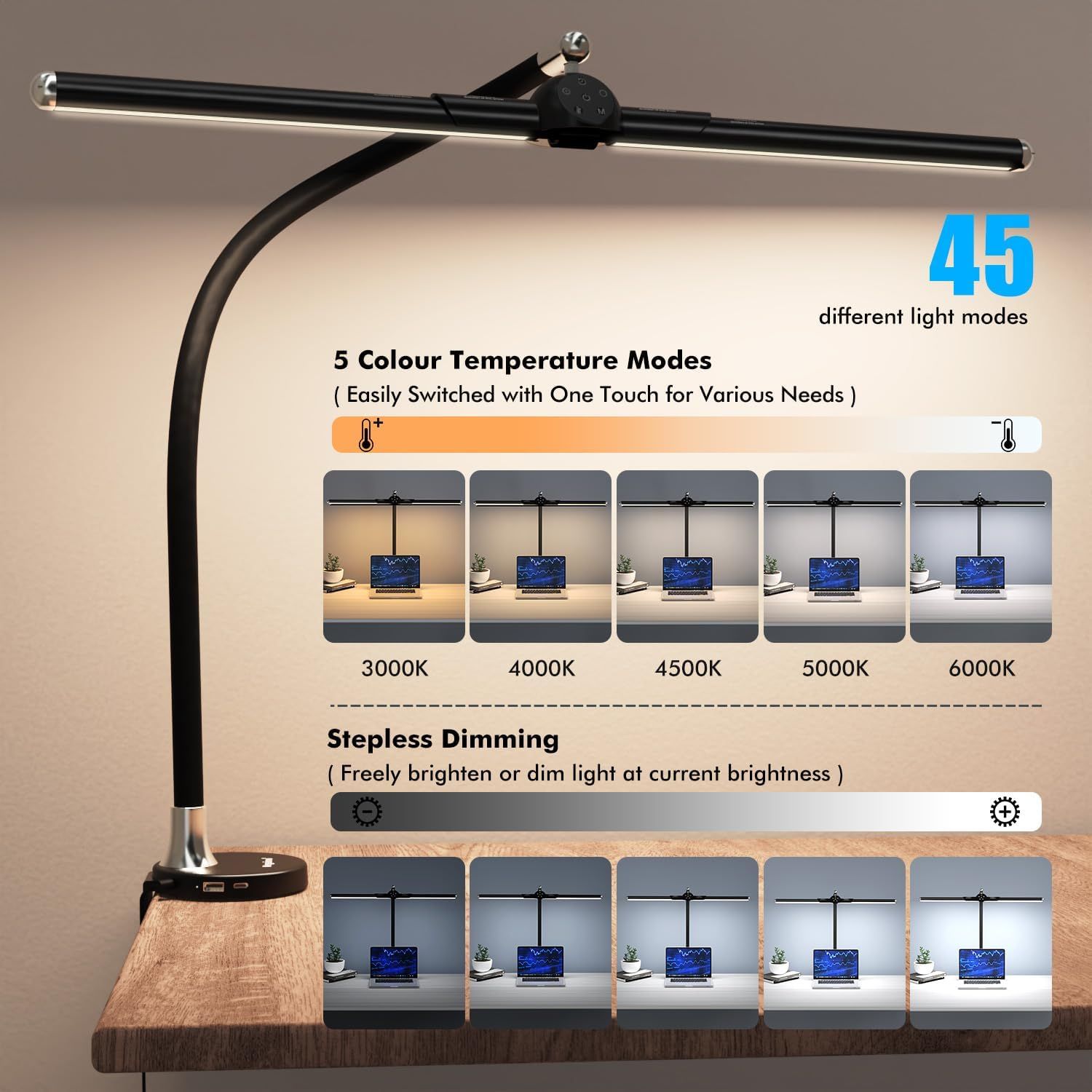 Megainvo LED Desk Lamp with Clamp - Black by Megainvo - Image 3