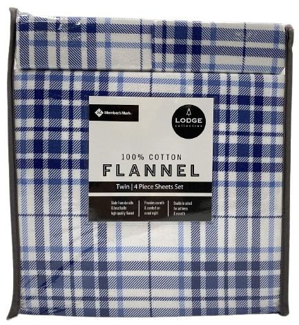 Member's Mark 100% Cotton 4pc Flannel Sheets Twin Set - Blue Plaid by Member's Mark - Refurbished - Brand New condition - US$50.98