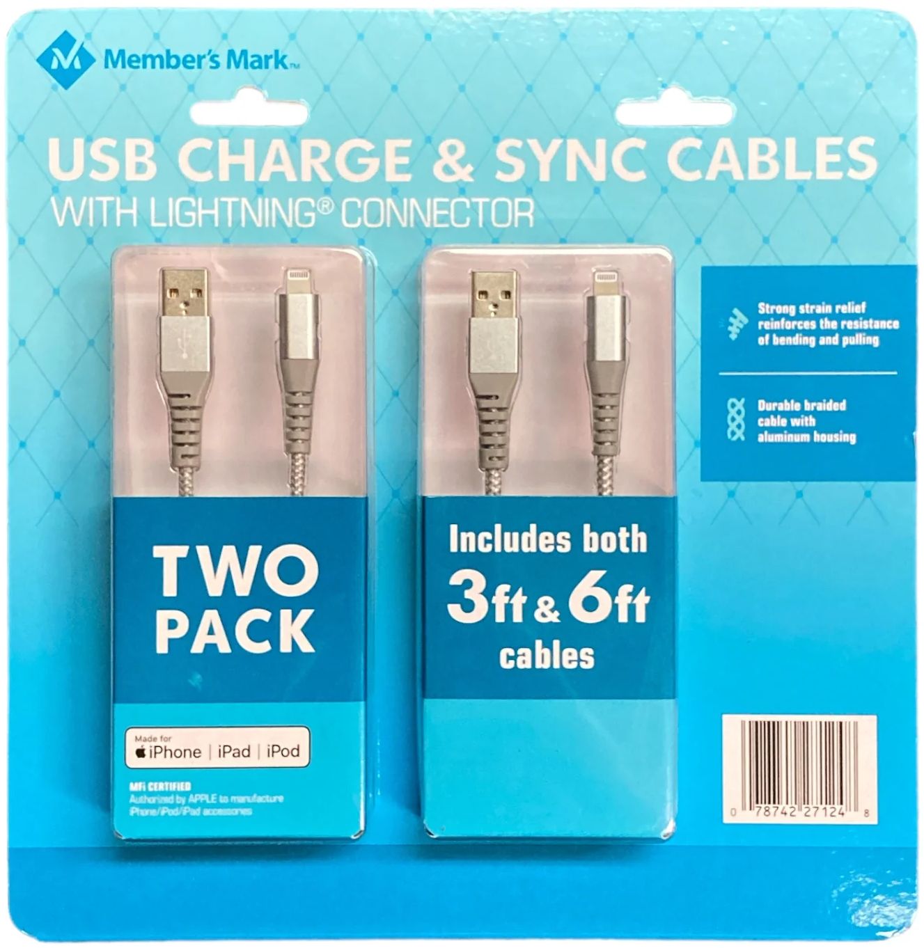 Member's Mark USB Charge & Sync Cables with Lightning Connector - Silver by Member's Mark - Refurbished - Very Good condition - US$20.98