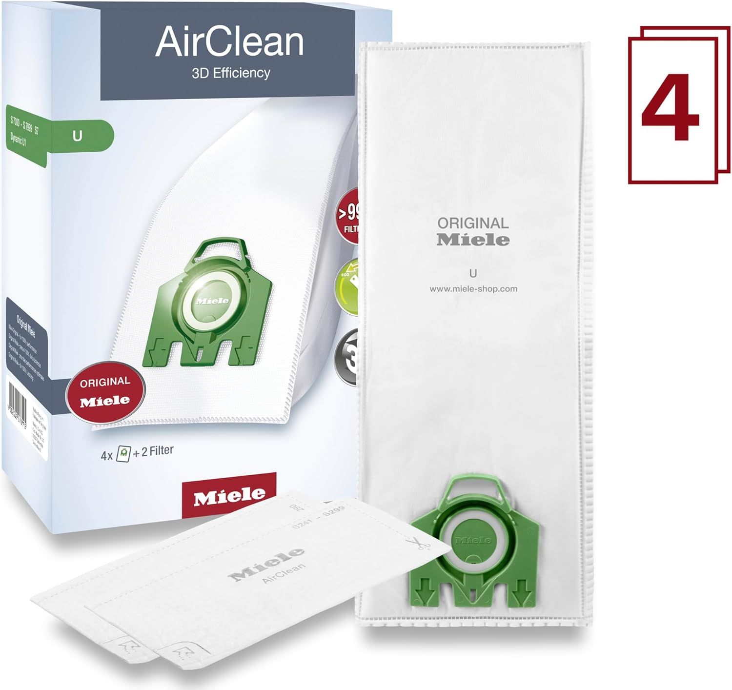 Miele AirClean 3D Efficiency U Vacuum Cleaner Bags (Pack of 4) - Green by Miele - Image 2