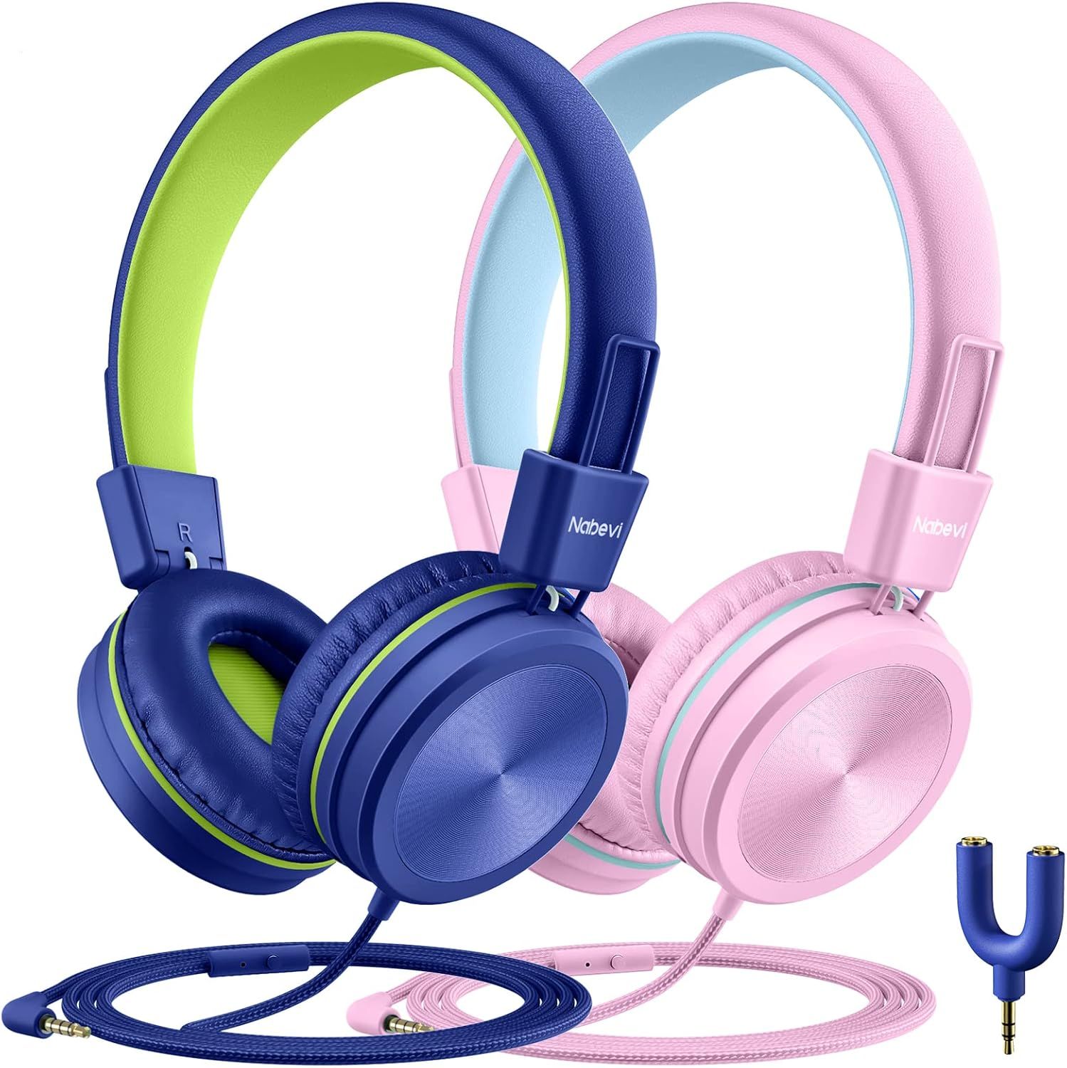 Nabevi Kids Headphones with Microphone BH200 (2-Pack) - Pink/Blue & Dark Blue/Green by Nabevi - Refurbished - Very Good condition - US$29.48