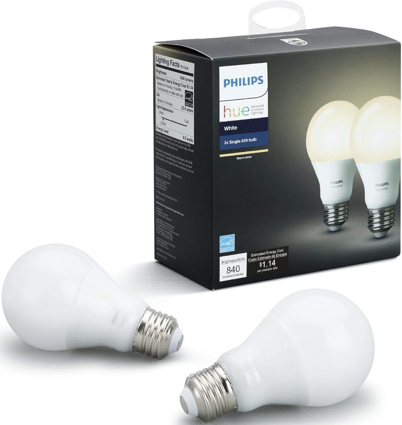 Philips Hue A19 60W Equivalent Dimmable LED Smart Light Bulbs (2pack) - White by Philips Hue - Refurbished - Very Good condition - US$44.28
