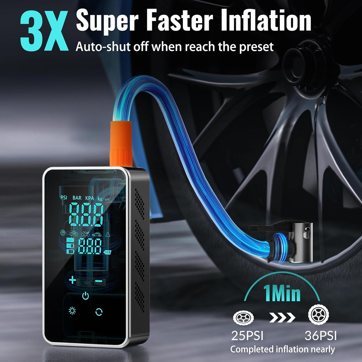 Prilotte Tire Inflator Portable Air Compressor-Air Pump for Car 18000mAh - Black by Prilotte - Image 2