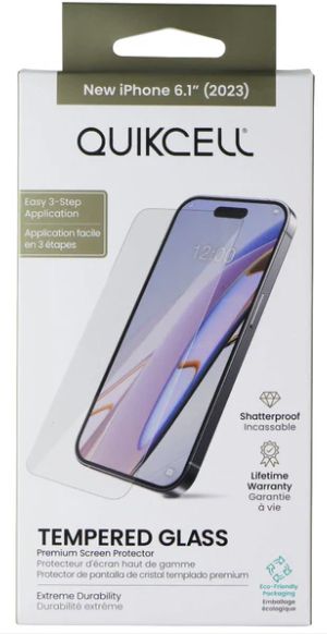 Quikcell Tempered Glass Screen Protector for iPhone 15 - Clear by Quikcell - Refurbished - Brand New condition - US$11.51