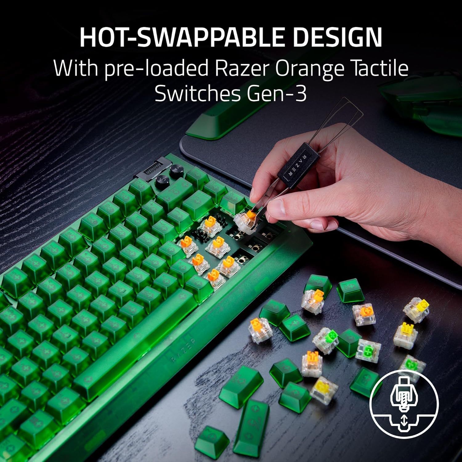 Razer BlackWidow V4 75% Hot-Swappable Mechanical Keyboard (Orange Switches) - Phantom Green by Razer - Refurbished - Very Good condition - Image 7